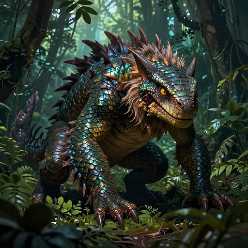 Digital CGI artwork of a fierce, colorful dragon with iridescent scales, sharp spikes, and glowing orange eyes in a dense, sunlit forest.