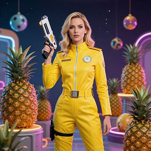 Photograph of a blonde woman in a bright yellow jumpsuit, holding a futuristic white gun, standing among glowing pineapples in a neon-lit
