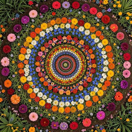 Vibrant circular flower pattern photograph: multicolored daisies, marigolds, and pansies in concentric rings on dark soil background