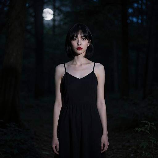 Photograph of a pale, young woman with short black hair, red lipstick, and a black spaghetti-strap dress, standing in a dark forest under