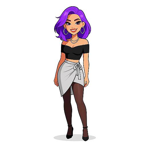 Digital cartoon of a confident woman with purple hair, black off-shoulder top, white asymmetrical skirt, black tights, and black boots.