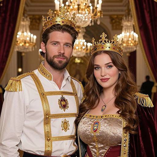 Photograph of a bearded man and a woman with long brown hair, both wearing golden crowns and ornate royal attire, standing in a luxurious