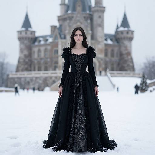 Photograph of a pale-skinned woman with dark hair in an ornate black gothic gown, standing in front of a snowy, medieval castle.