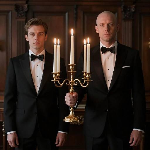 Two Men in Tuxedos Holding Candelabrum