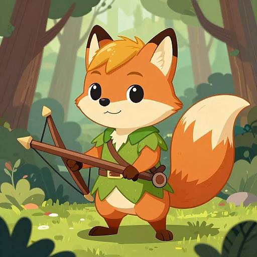 Cute digital cartoon of an anthropomorphic orange fox with a green leafy outfit, holding a wooden bow with a quiver, standing in a sun