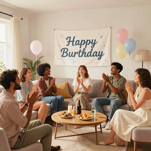 Photograph of diverse group celebrating birthday on sofa, clapping, with 