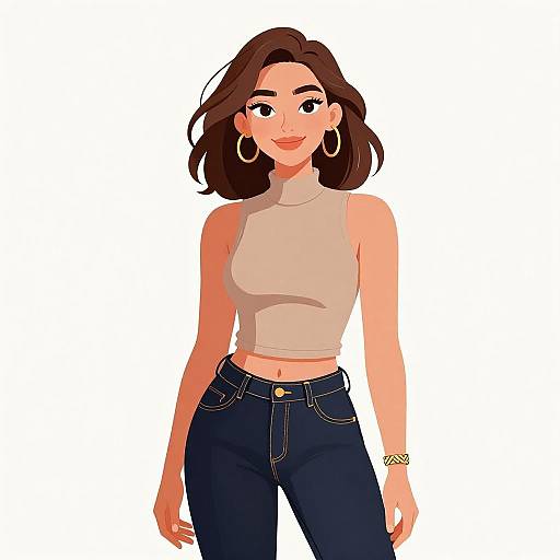 Digital illustration of a smiling woman with brown hair, wearing a beige sleeveless crop top and dark blue high-waisted jeans, large hoop earrings,