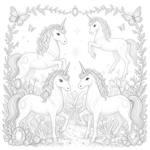 Black and white line drawing of four unicorns with flowing manes, surrounded by butterflies, flowers, and foliage, forming an ornate border.