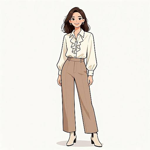 Digital illustration of a smiling woman with long brown hair, wearing a white ruffled blouse, beige high-waisted pants, and white ankle boots.