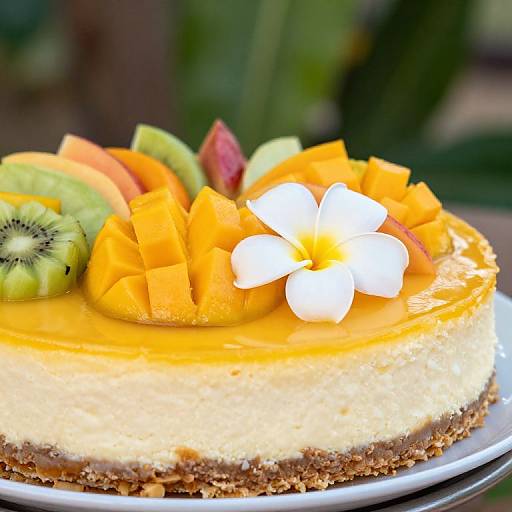 Photograph of a vibrant tropical cheesecake topped with mango cubes, kiwi slices, orange chunks, and a white frangipani flower, on