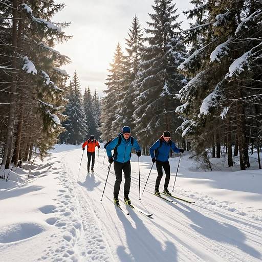 Photograph of three cross-country skiers in a snow-covered forest, wearing blue and orange jackets, black pants, and hats, with sunlight filtering through