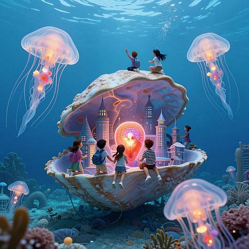Whimsical underwater scene: children play on a giant seashell city, surrounded by glowing jellyfish, with mini skyscrapers and coral reefs