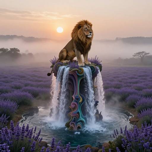 Digital artwork of a majestic lion sitting on a colorful, swirling rock waterfall in a purple lavender field at sunrise.