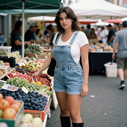 Photograph of a young woman with wavy brown hair, wearing a white t-shirt and blue denim overalls, standing at a colorful outdoor market stall