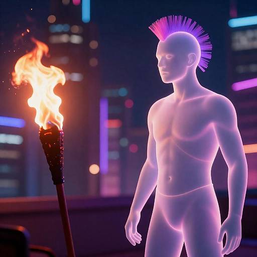 Neon Mohawk Facing Fiery Torch