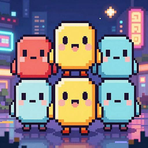 Charming Pixel Art Characters and Cityscape