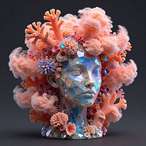 Photograph of a metallic, geometric face sculpture adorned with colorful coral-like textures and vibrant pink and orange sea anemones, set against a dark background