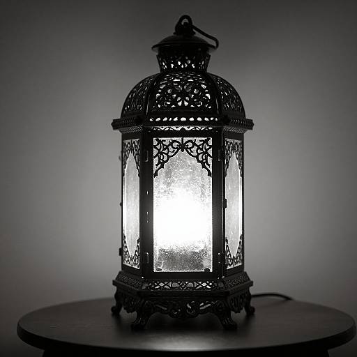 Photograph of a black, intricately designed, ornate lantern with a glowing white light, standing on a round wooden base against a gradient gray background