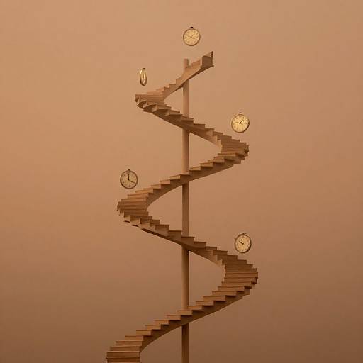 Photograph of a spiral wooden staircase with four glowing clock faces, against a warm orange gradient background. Minimalist, modern design.