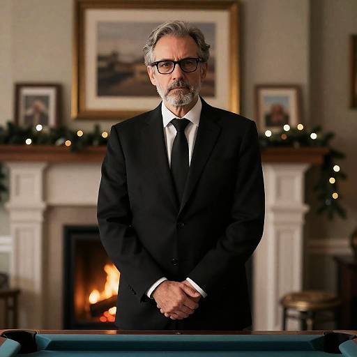 Serious Middle-Aged Man by Fireplace