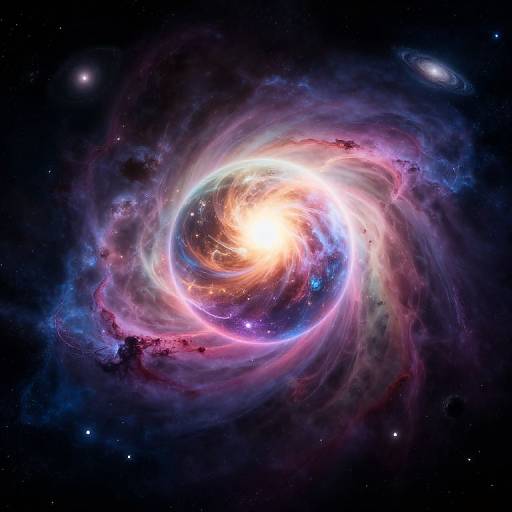 Photograph-like digital art of a vibrant, swirling galaxy with a bright, glowing core, surrounded by colorful, ethereal gas clouds and stars in a
