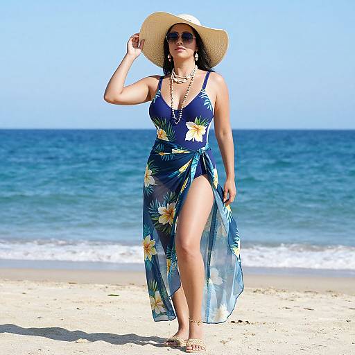 Photograph of a woman in a blue floral beach dress with high slit, wearing a wide-brimmed hat and sunglasses, standing on a sunny beach