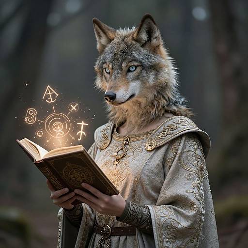 Photorealistic digital artwork of an anthropomorphic wolf with gray and brown fur, wearing an ornate medieval robe, reading a magical book in a forest