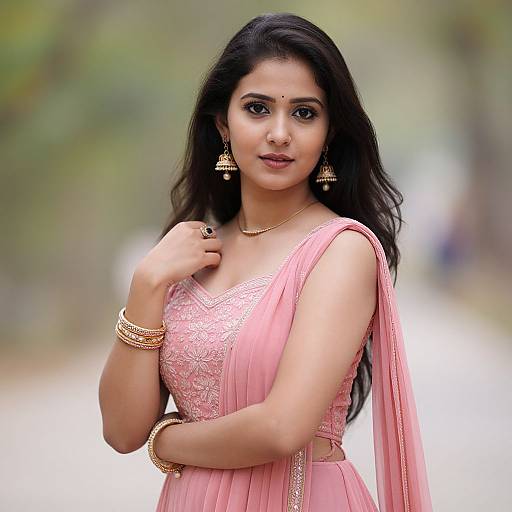 Photograph of a beautiful Indian woman with long black hair, wearing a pink saree with gold embroidery, gold jewelry, and a bindi, standing