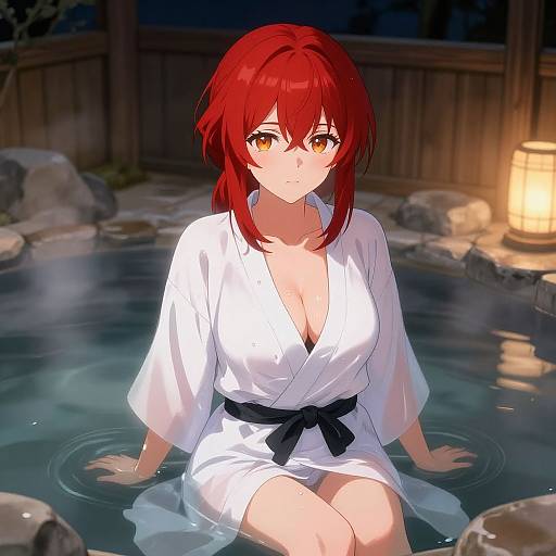 Anime-style digital artwork of a red-haired, yellow-eyed woman with large breasts, wearing a white, wet, open-collared robe, sitting in