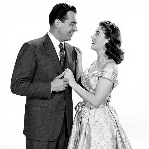 Black-and-white photograph of a smiling 1950s couple; man in dark suit, woman in off-the-shoulder, silver dress, holding