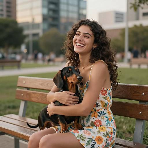 Happy Woman Hugging Dachshund in Urban Park