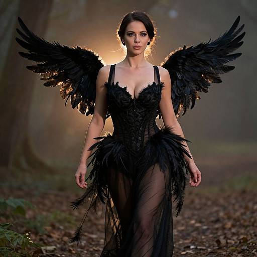 Photograph of a woman with dark wings, wearing a black feathered, sheer dress, standing in a misty forest at sunset.