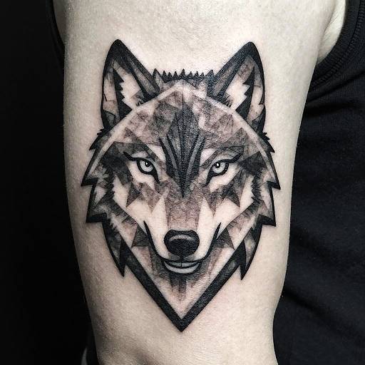 Black-and-gray tattoo of a realistic wolf head with sharp features and intense eyes on human arm, showcasing geometric shading.