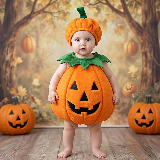 Photograph of a baby in an orange pumpkin onesie with green leaf collar, pumpkin hat, standing on wooden floor, surrounded by carved pumpkins and