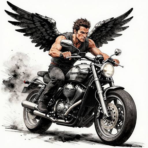 Winged Rider on Powerful Motorcycle