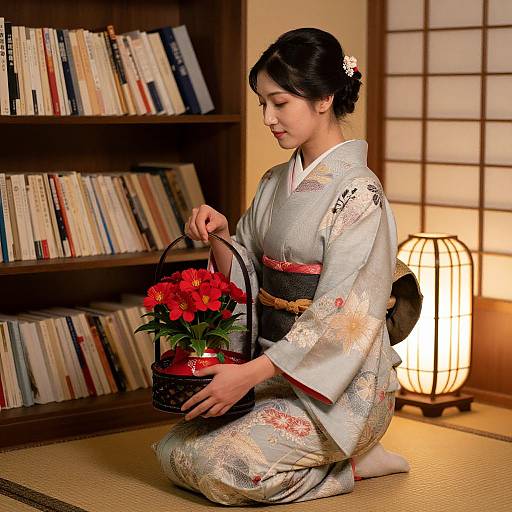 Photograph of a Japanese woman in a floral kimono, kneeling on a tatami mat, arranging red flowers in a basket, beside a bookshelf