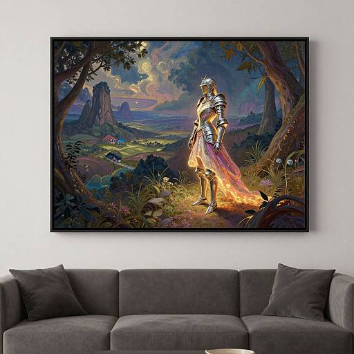 Fantasy painting of armored knight with glowing armor standing in enchanted forest, illuminated by firelight, hangs above gray sofa.