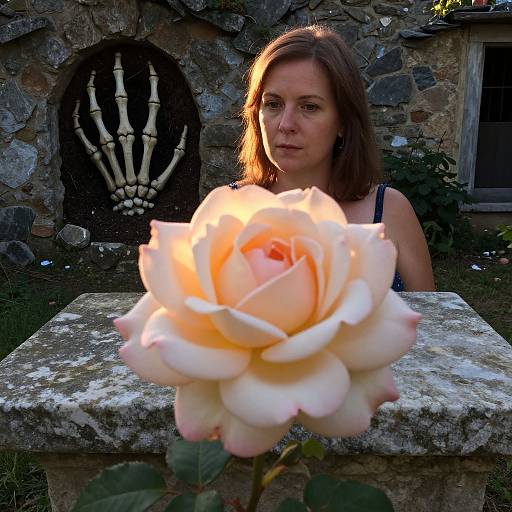 Photograph of a brown-haired woman in a blue top, standing behind a stone table with a glowing, pink rose in the foreground, against a rustic