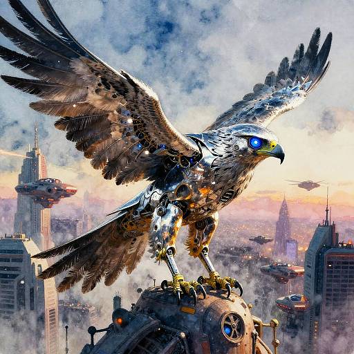 Cybernetic Falcon Over Futuristic Metropolis