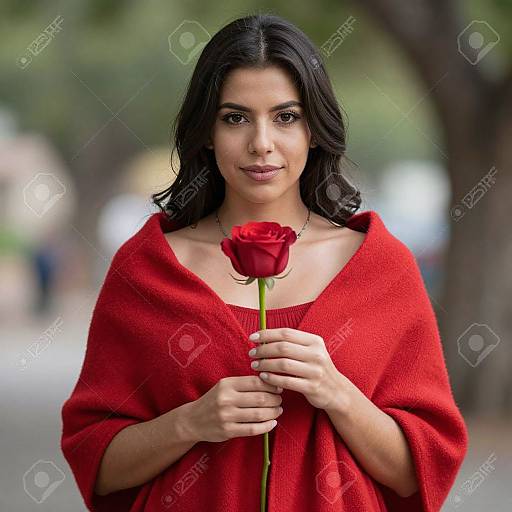 Photograph of a young woman with dark, wavy hair, wearing a red shawl, holding a red rose, standing outdoors with a blurred park