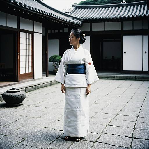 Woman in White Kimono Courtyard