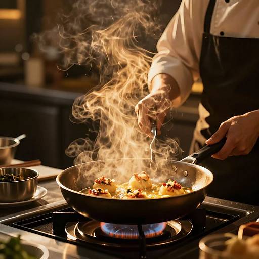 Photograph of a chef's hands stirring a sizzling skillet with fiery flames, surrounded by kitchen utensils and dimly lit background.