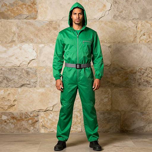 Man in Green Jumpsuit Against Stone Wall