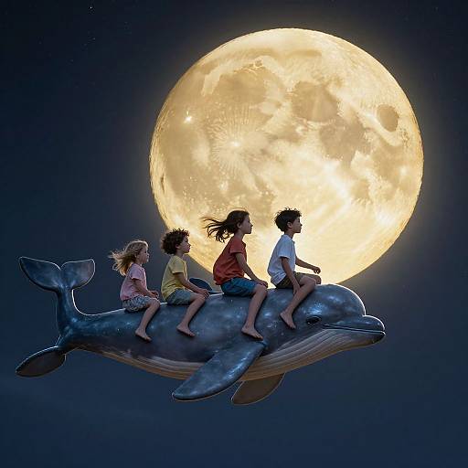 Three children sitting on a blue whale against a large, glowing full moon in a dark, starry night sky. Digital illustration.
