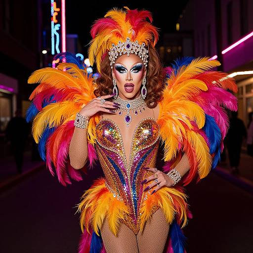 Photograph of a glamorous, heavily-made-up drag queen in a vibrant, feathered, sequined costume with orange, yellow, and pink feathers,