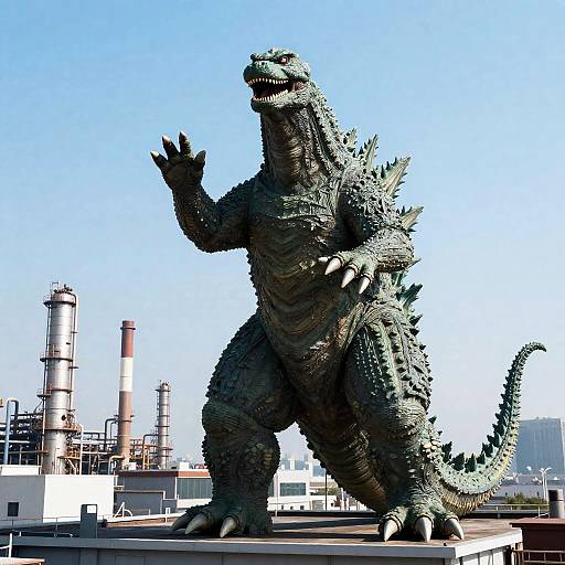 Giant Green Godzilla on Rooftop