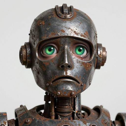 Photograph of a weathered, rusty robot head with large, vivid green eyes, detailed face, and visible mechanical joints against a white background.