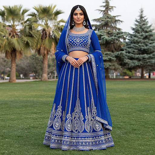 Photograph of a South Asian woman in a vibrant blue embroidered traditional lehenga and dupatta, standing on grass, with palm trees and evergreens in