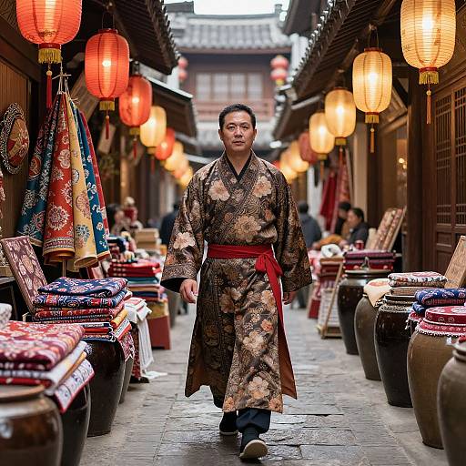 Photograph of a Japanese man in a floral kimono with red belt, walking down a narrow, lantern-lit street, lined with traditional goods and