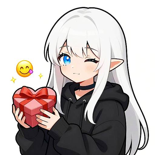 Anime-style digital drawing of a white-haired girl with blue eye, winking, holding a red heart-shaped gift box, wearing a black hoodie, with